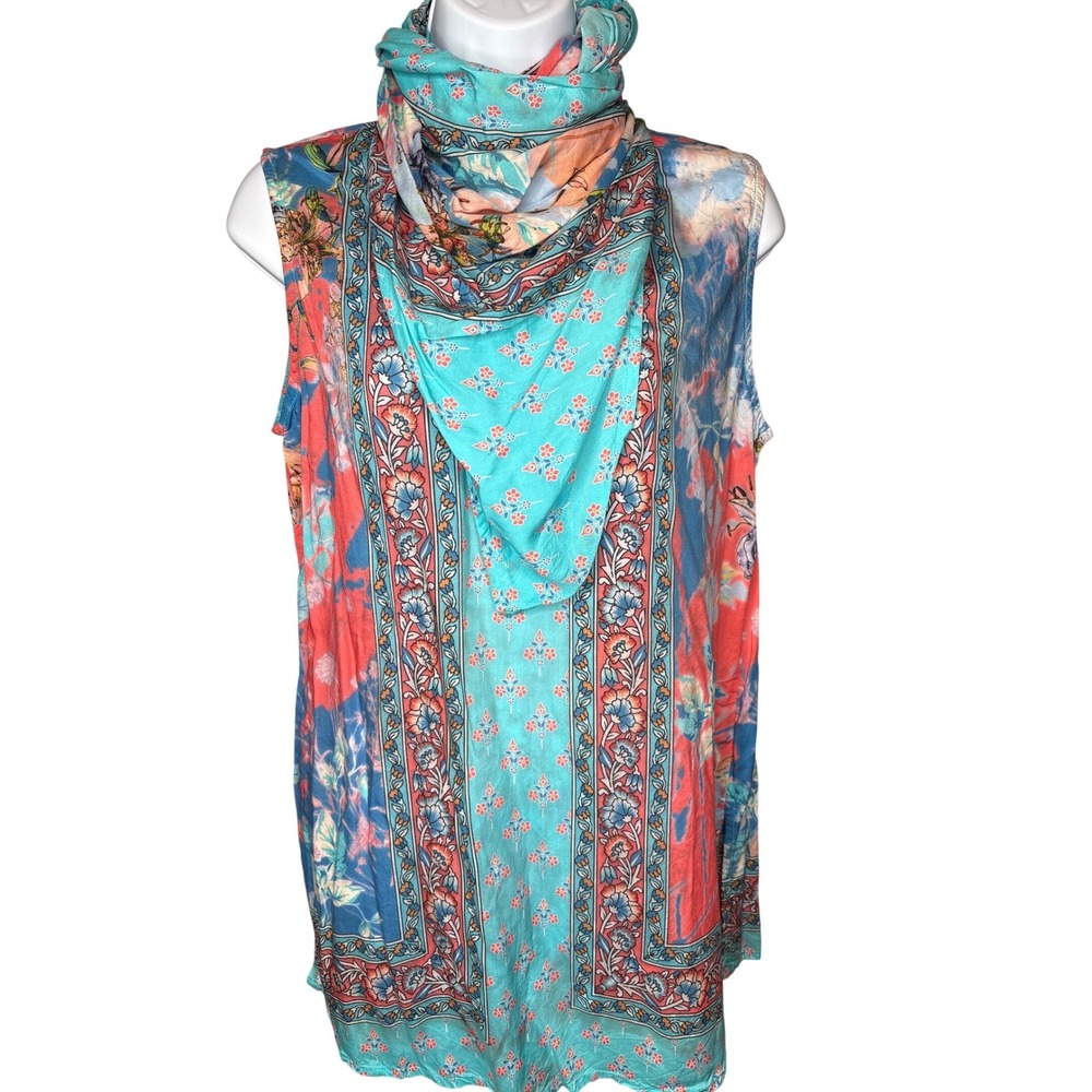 Tolani Collection Womens Turquoise Floral Scarf Neck Tunic Top XS Boho Resort